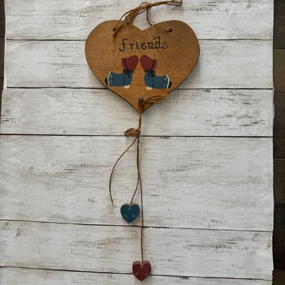 Vintage Wooden Heart Friends Wall Hanging Primitive Country Folk Art Cottagecore